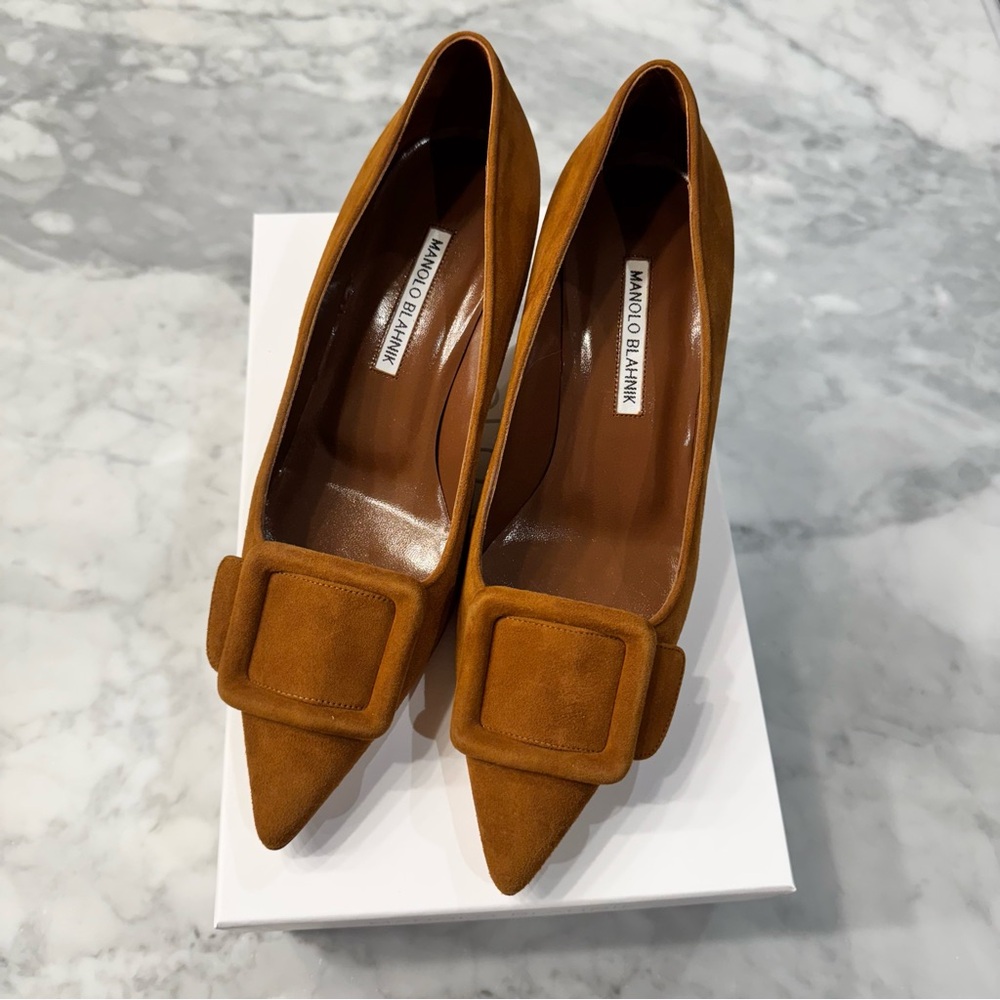 Manolo Blahnik Maysale Tan Suede with Buckle accent Pumps